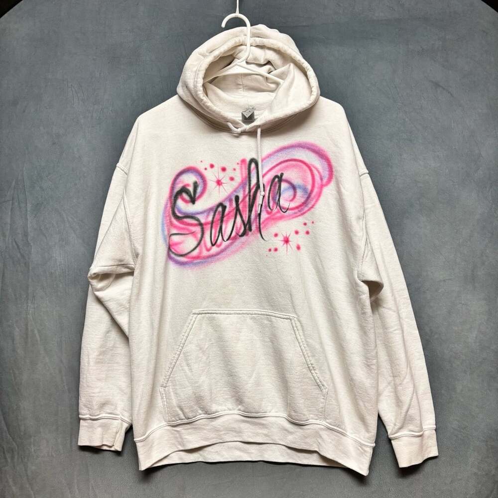 Gildan Custom Airbrush Sasha Hoodie L White Pullover Sweatshirt